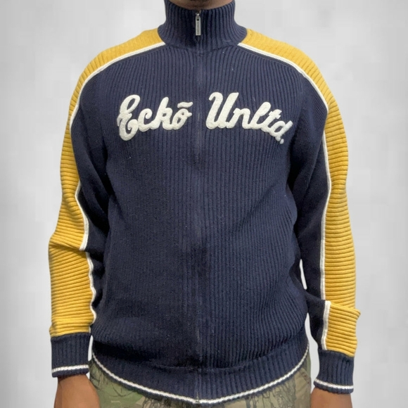 Vintage 90's Echo Unltd Mens Ribbed Zip Up Varsity Sweater Jacket Size M Blue - Picture 1 of 13